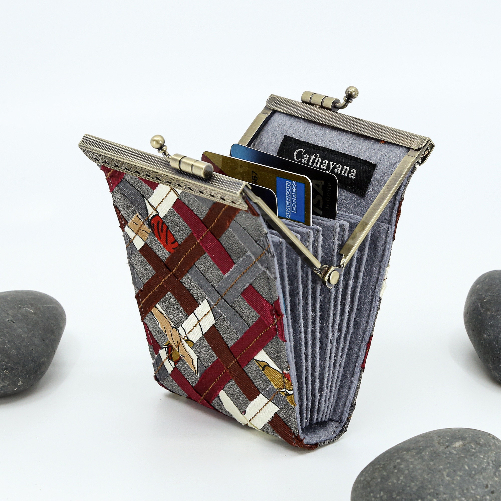 Cathayana Card Holder – Silver and Black Small Feather Brocade