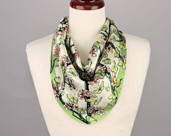 Spring Green Floral Satin Scarf Necklace, Magnetic Clasp, Botanical Print