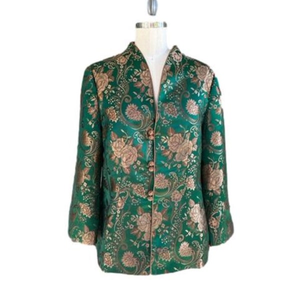 Womens Jackets with Frog Knot Closures, Green, Brown Gold Peony ,Brocade Jacket ,Special Event Womens Wear, Mother of the Bride Outfit