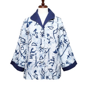 Kimono Jacket, Blue & White Batik Dyed Jacket, Full Lining Cotton Jacket, Women&#39;s Jacket