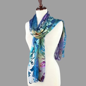 Hand-Painted Silk Scarf: Blue, Orange & Purple Devore Satin (13&quot; x 66&quot;)