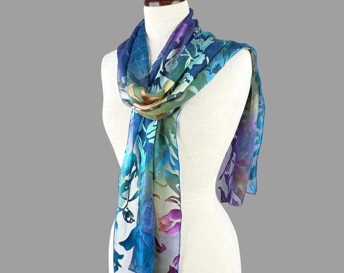 Hand-Painted Silk Scarf: Blue, Orange & Purple Devore Satin (13" x 68")