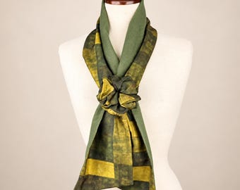 Olive Green Reversible Scarf with Flower Bow, Silky Print & Faux Cashmere, Fall Winter Neck Scarf, Gift for Her