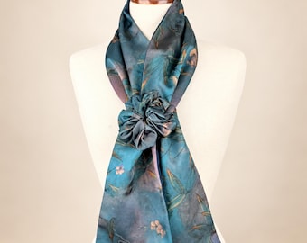 Reversible Long Scarf with Flower Bow, Silky Floral & Faux Cashmere Scarf, Fall Winter Women’s Scarf, Gift for Her