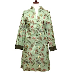 Green Embroidered Floral Womens Long Jackets, Handmade Button Closures, Special Event Woman Wear