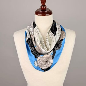 Sky Blue Floral Satin Scarf Necklace, Pre-Tied Botanical Statement Jewelry (Magnetic Clasp)
