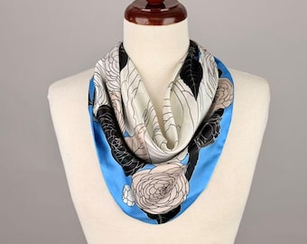 Sky Blue Floral Satin Scarf Necklace, Pre-Tied Botanical Statement Jewelry (Magnetic Clasp)