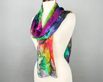 Hand-Painted Silk Scarf – Rainbow Devoré Satin Wrap,  Artisan Handmade Fashion Scarf,