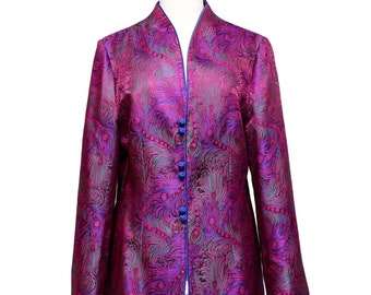 Handmade Brocade Jacket, Women’s Purple Blue Peacock Jacquard Formal Wedding Holiday Clothing
