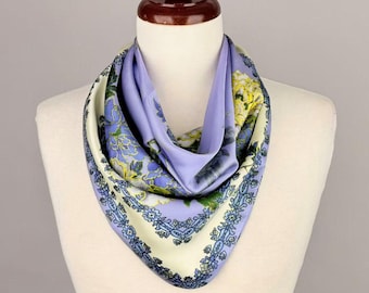 Lavender Floral Satin Scarf Necklace, Pre-Tied Neck Wrap, Magnetic Clasp, Silk Feel Jewelry