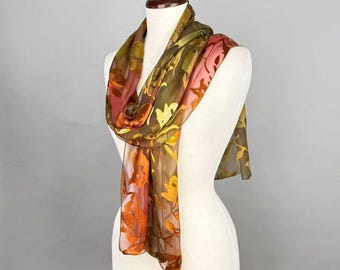 Hand Painted Silk Scarf with Gift Box, Autumn Spice, Devore Satin Long Scarf ,13" x 68",  Wearable Art Gift for Her