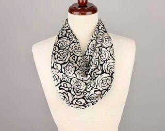 Black White Rose Satin Scarf Necklace, Pre-Tied Floral Neck Wrap Magnetic Clasp
