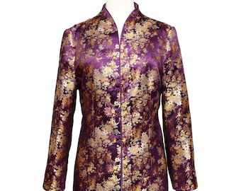 Womens Jacket with Handmade Frog Knot Closures,  Plum Gold Floral Brocade Jacket , Mother of the Bride Wear