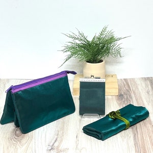 Dark Teal Irisierende Kosmetiktasche 3 in 1 Style, Kartenhalter mit RFID-Schutz, Schmuckrolle, Geschenk für Sie