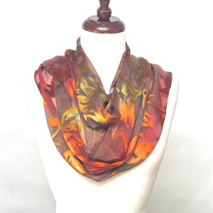 Rust Red, Golden Silk Scarf, Hand Painted Devore Satin Scarf, Hand Dyed Long Scarf, Silk Scarf for Women, Gift for Her