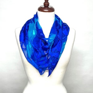 Blues Silk Scarf, Hand Painted Devore Satin Scarf, Hand Dyed Long Scarf, Silk Scarf for Women, Gift for Her