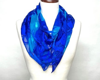 Blues Silk Scarf, Hand Painted Devore Satin Scarf, Hand Dyed Long Scarf, Silk Scarf for Women, Gift for Her