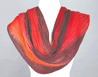 Red & Black Arashi Shibori Silk Shawl: Hand-Dyed Pleated Wrap, Wearable Art