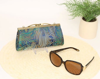 Peacock Brocade Eyeglasses Case with Kiss Clasp Closure, Reading Glasses Holder, Sunglass Case, Small Clutch, Gift for Her