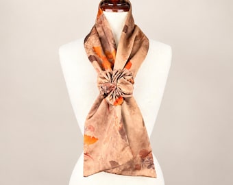 Champagne Floral Reversible Scarf with Flower Bow, Silky Print & Faux Cashmere, Fall Winter Women’s Scarf, Gift for Her