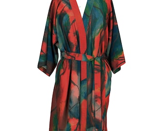 Deep Red and Green Kimono Robe for Women – Long Lightweight Lounge Robe – Mother&#39;s Day Gift, House Robe, Spa Robe, Gift for Her