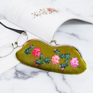 Velet Eyeglass Case with Hand Embroidered Ribbon Flowers, Reading Glasses Holder, Unique Gift for Her
