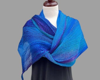 Blue Hand Dyed and Painted Shibori Silk Shawl – Artisan Pleated Scarf – Handmade in USA