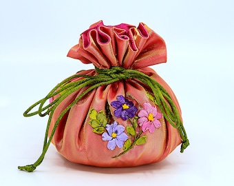 Hand Embroidered Ribbon Flower Pouch: Travel Jewelry Organizer