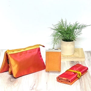 Bolsa cosmética iridiscente rosa y dorada estilo 3 en 1, tarjetero con protección RFID, rollo de joyería, regalo para ella