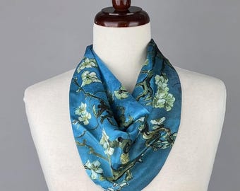 Handmade Silky Scarf: Van Gogh Almond Blossom Magnetic Closure