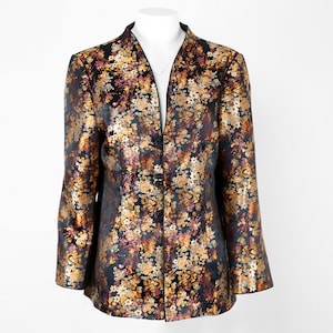 Florale Brokat Jacke: Schwarz & Gold, Handgemachte Frosch Knoten