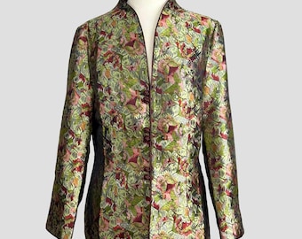 May include: A green, gold and red floral patterned blazer with a mandarin collar and a single button fastening.