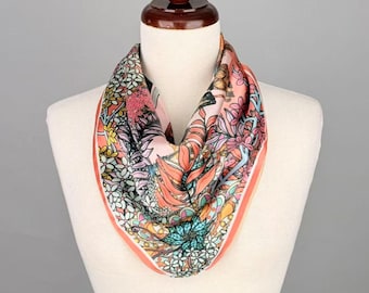 Blue Pink Botanical Satin Scarf Necklace, Magnetic Clasp Neck Wrap, Silk Feel Jewelry