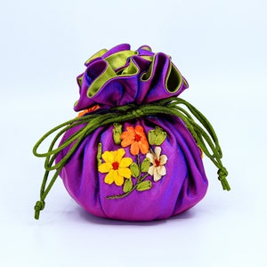 Jewelry Pouch with Embroidered Ribbon Flowers, Jewelry organizer bag, Jewelry Bag