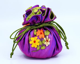 Hand Embroidered Jewelry Pouch: Ribbon Flower Travel Organizer