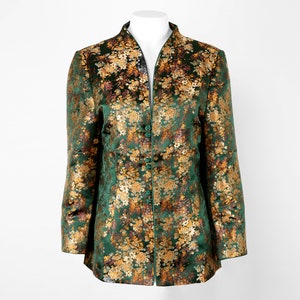 Womens Jackets with Frog Knot Closures,  Green & Gold Floral Brocade Jacket ,Special Event Womens Wear, Mother of the Bride Outfit