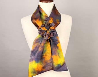 Purple , Gold Reversible Scarf with Flower Bow, Silky Print & Faux Cashmere, Fall Winter Women’s Scarf, Gift for Her
