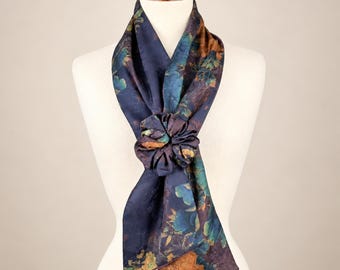 Reversible Floral Scarf with Flower Bow, Silky Print & Faux Cashmere, Navy Teal Long Scarf, Fall Winter Scarf, Gift for Her