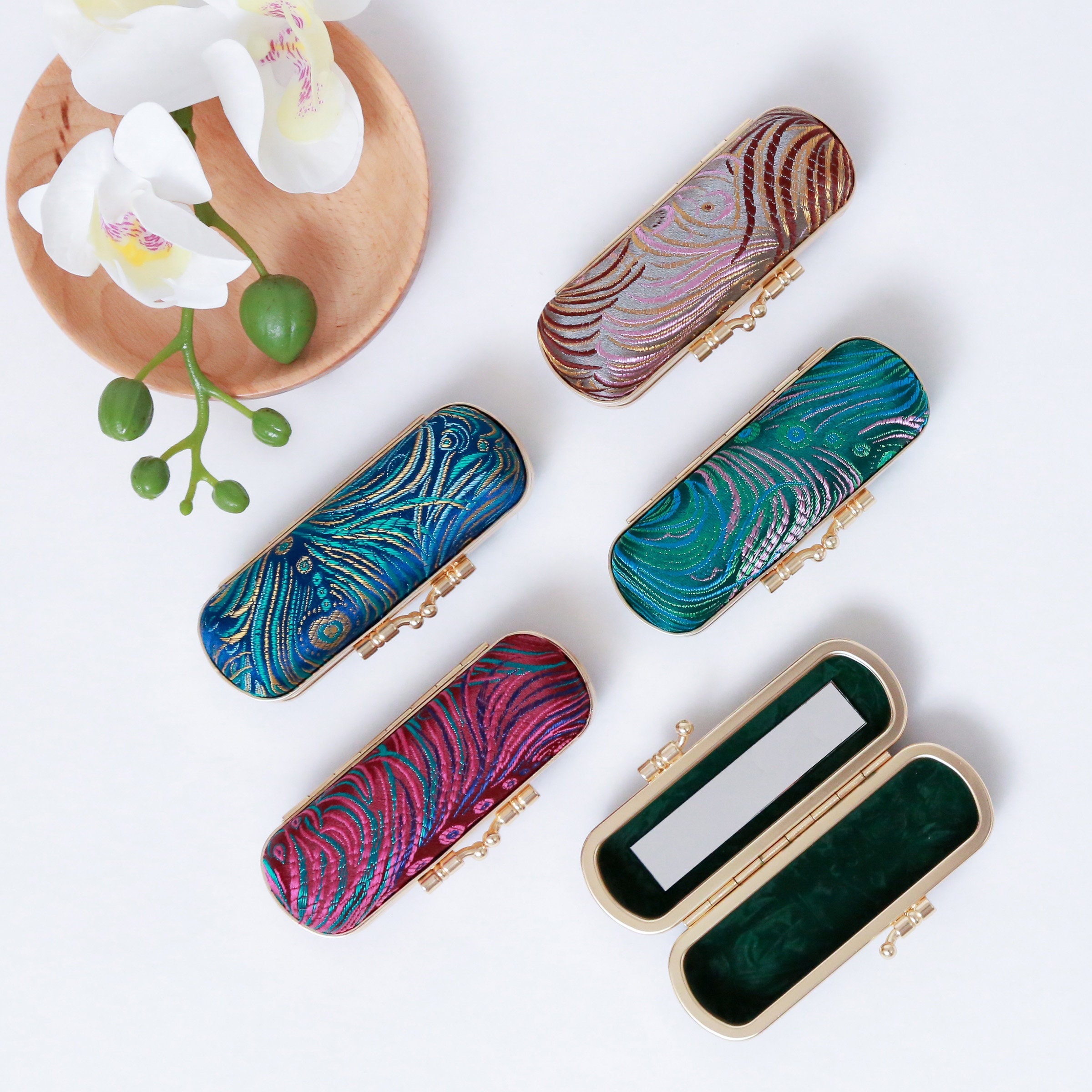 Peacock Lipstick Case with Mirror: Golden Metal Frame