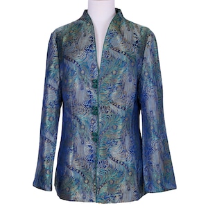 Womens Jackets with Frog Knot Closures,  Blue Peacock Pattern Brocade Jacket ,Special Event Womens Wear, Mother of the Bride Outfit