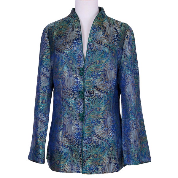 Womens Jackets with Frog Knot Closures,  Blue Peacock Pattern Brocade Jacket ,Special Event Womens Wear, Mother of the Bride Outfit