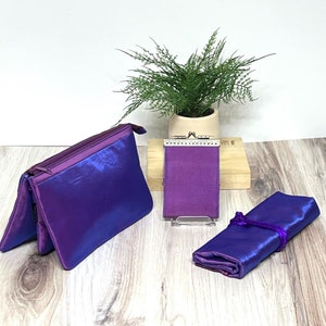 Lila schillernde Kosmetiktasche 3 in 1 Stil, Kartenhalter mit RFID-Schutz, Schmuckrolle, Geschenk für Sie