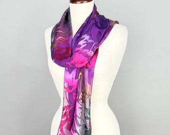 Hand Painted Silk Scarf with Gift Box， Purple Garden Devore Satin Floral Long Scarf， 13“ x 68”， Wearable Art Gift for Her