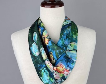 Pre-Tied Silky Scarf Necklace: Water Lilies, Magnetic Closure