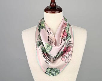 Pre-Tied Floral Satin Scarf Necklace, Light Pink Sage Green Botanical Statement Jewelry