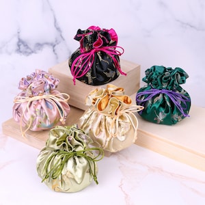 Brocade Jewelry Pouch with Drawstring: Butterfly Dragonfly Organizer