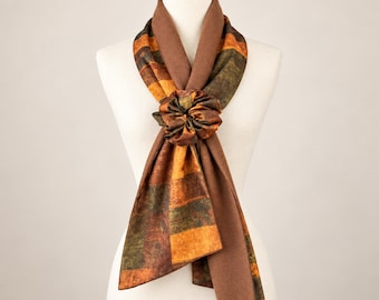 Reversible Long Scarf with Flower Bow, Silky Print & Faux Cashmere Scarf, Fall Winter Women’s Scarf, Gift for Her