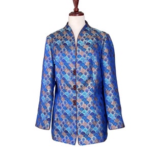 Blaue Muscheln Brokat Jacke: Handgemachte Frosch Knoten Verschluss