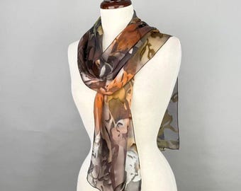 Hand-Painted Silk Blend Devore Scarf, Autumn Floral in Copper, Gold and Olive, Lightweight Women's Scarf