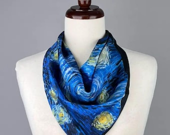 Pre-Tied Silky Scarf Necklace: Van Gogh Starry Night Magnetic Closure